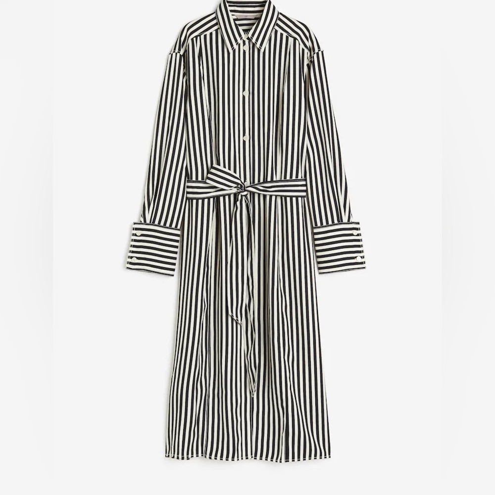 H&M Tie Belt Striped Black and White Shirt Dress